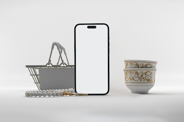 Eid Shopping Basket and Mobile Front Side In White Background