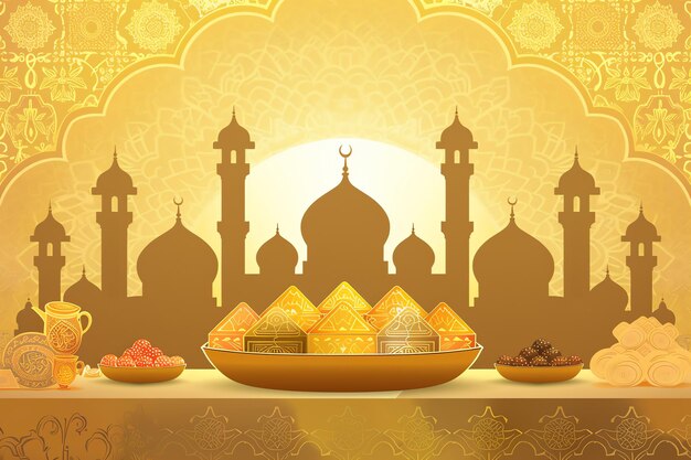 Eid sweets tray silhouette greeting card for mawlid al nabi in red black and gold colors