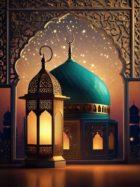 Eid ul fitr 3D lantern and mosque window Islamic greeting cards Eid Mubarak Background