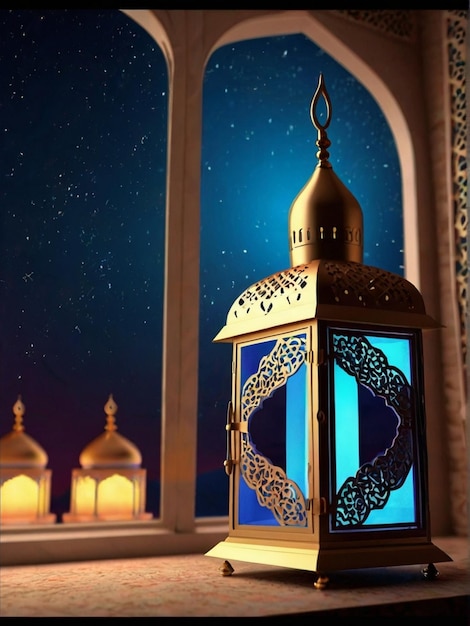 Eid ul fitr 3D lantern and mosque window Islamic greeting cards Eid Mubarak Background