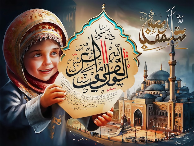 EidalAdha a child holding a piece of paper with the word quot calligraphy quot on it