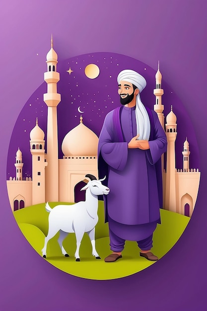 EidalAdha Mubarak Concept with Muslim Man Holding a Goat