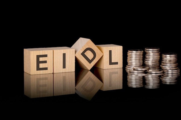 Eidl text on wooden cubes on dark backround with coins business concept