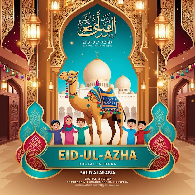 EidUlAdha poster for a camel and a mosque with a picture of a mosque on it