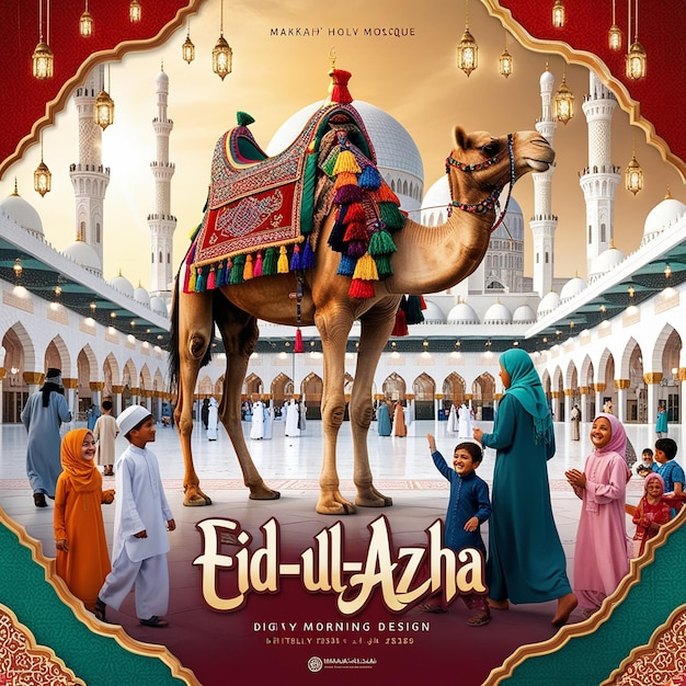 EidUlAdha poster for a camel and a mosque with a picture of a mosque on it