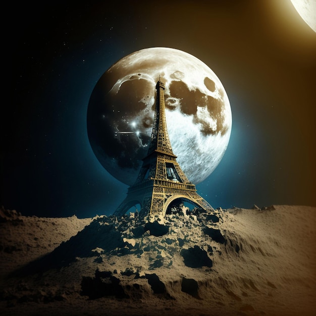 Eiffel Tower against the Moon a futuristic illustration