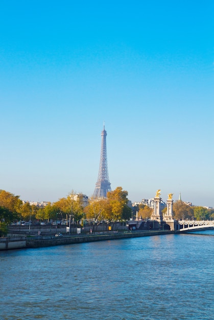 Eiffel tower over Alexandre III Bridgeat at Seine riverbank, Paris, France