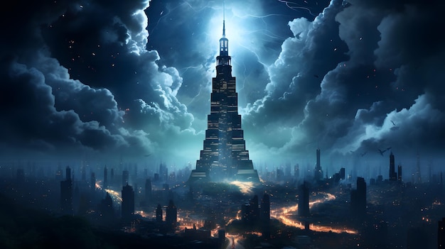 Eiffel Tower on the background of the night city Fantasy landscape with a view of the night city