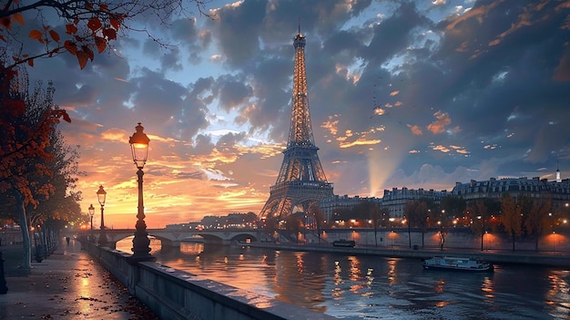 eiffel tower in the background with a bridge and a bridge in the background