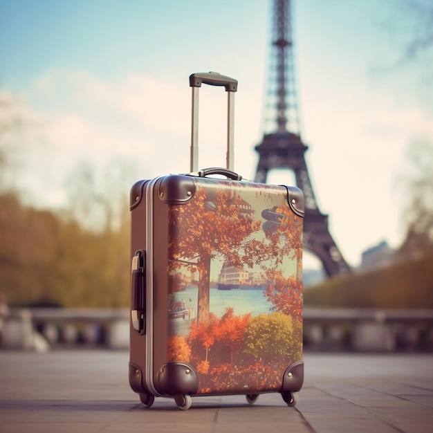 Eiffel Tower Background with Travel Suitcase in Paris Generative AI