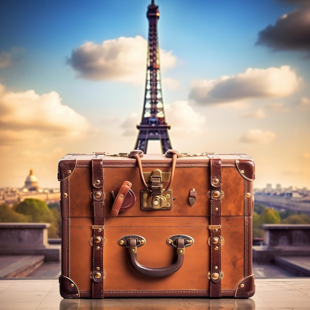 Eiffel Tower Background with Travel Suitcase in Paris Generative AI