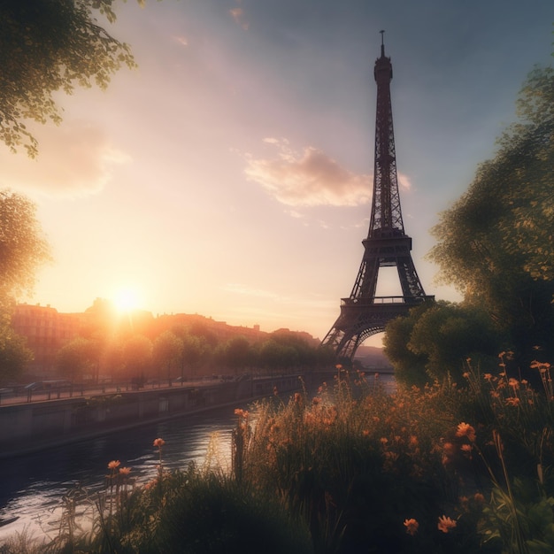 The eiffel tower is in the foreground of a river with a river in the background.