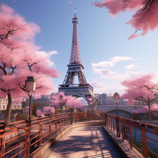 The Eiffel Tower is visible through the cherry blossoms