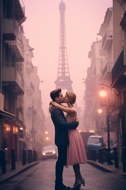 Eiffel Tower Kiss by Couple in Paris