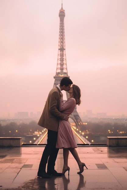 Eiffel Tower Kiss by Couple in Paris