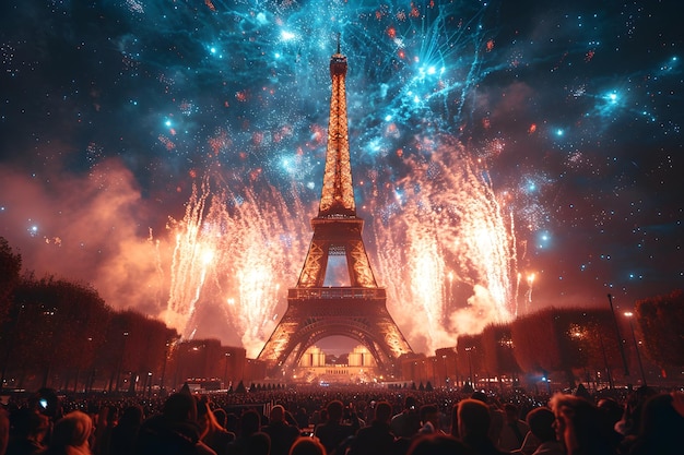 The Eiffel Tower lights up the night for the Paris 2024 Olympics opening ceremony surrounded by a crowd of spectators