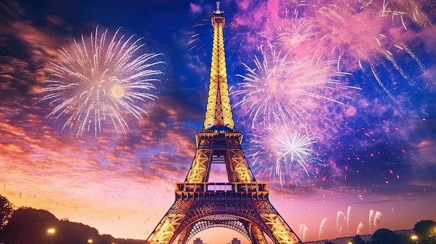 Eiffel tower at night with festive fireworks