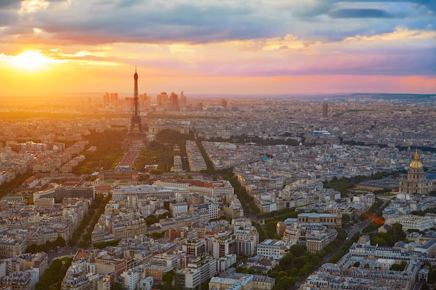 Eiffel Tower in Paris aerial sunset France