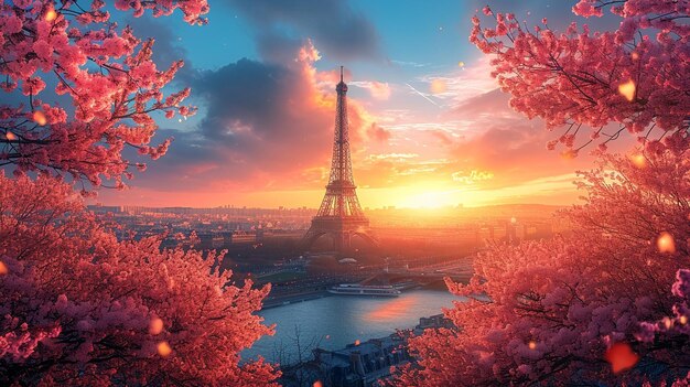 Eiffel Tower in Paris framed by cherry blossoms in spring