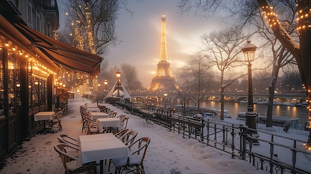 Photo eiffel tower in paris france during a snowfall