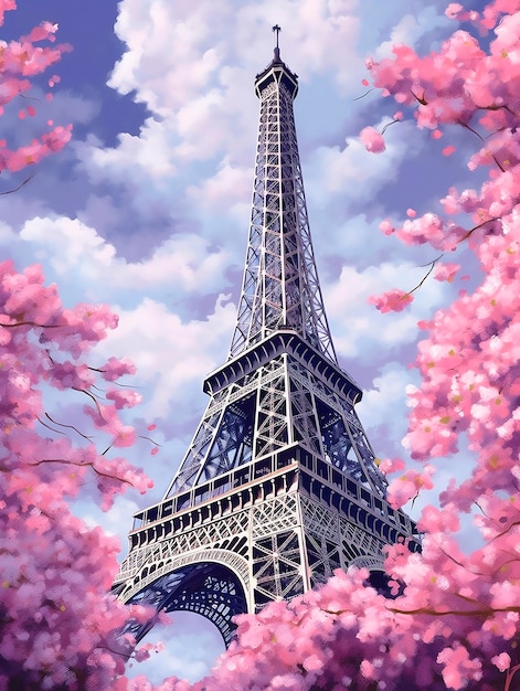 Eiffel Tower in Paris France Spring blossom backgroundAI Generated