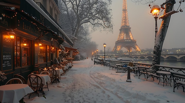 The Eiffel Tower in Paris France in winter with snow