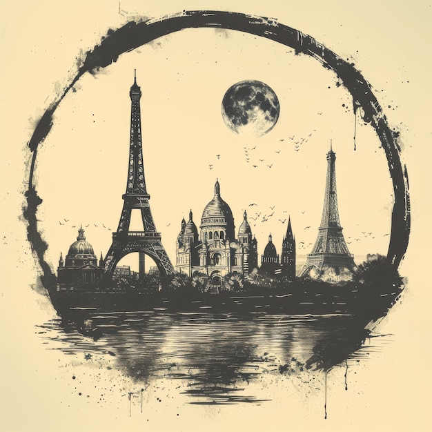 Photo eiffel tower and paris landmarks in a monochrome artistic style featuring a moonlit scene with abstract brush strokes