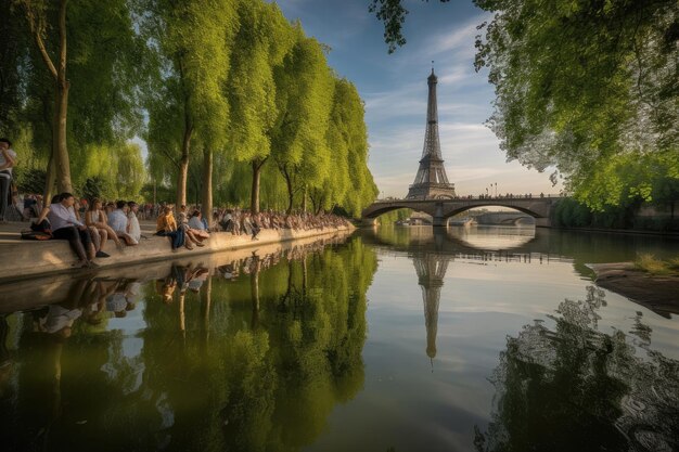 Eiffel Tower reflecting in the Seine young people in garden Charming Paris generative IA