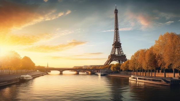 Eiffel tower on a river with a sunset in the background