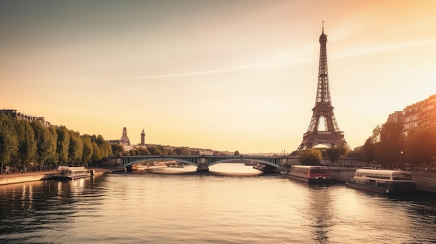 Eiffel tower on a river with a sunset in the background