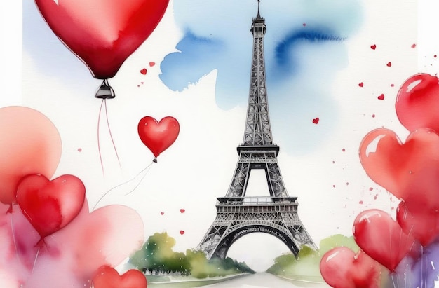 Eiffel Tower on Saint Valentines day with flying hearts balloons Watercolor romantic Paris and love