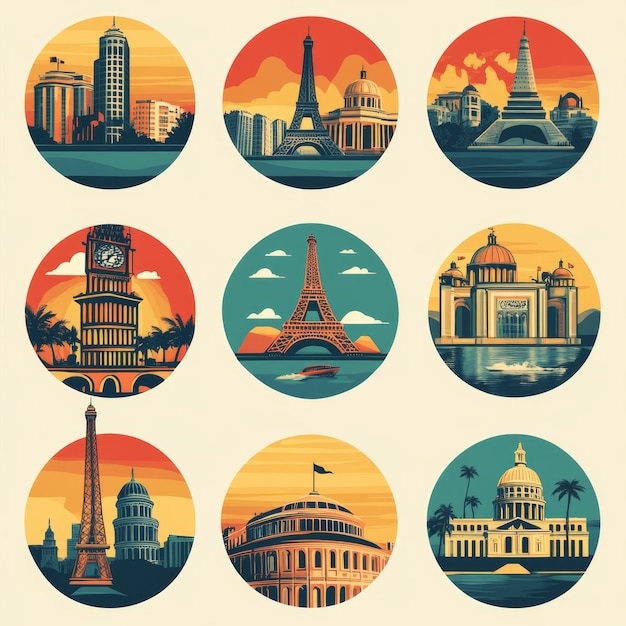 Eiffel Tower Skyline Landmark Sunset Cityscape Travel Illustration