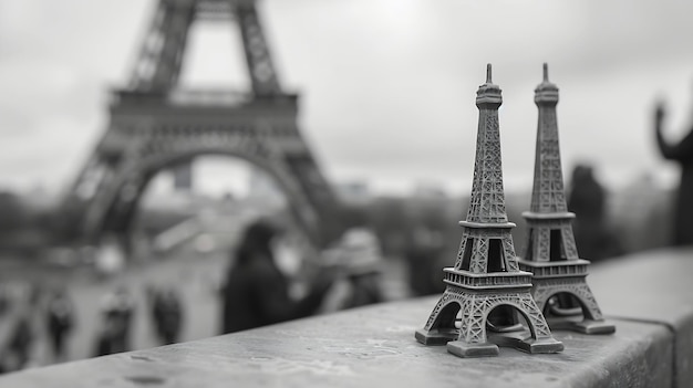 Photo eiffel tower statuettes for sale near louvre museum and blurred figures of tourists generative ai