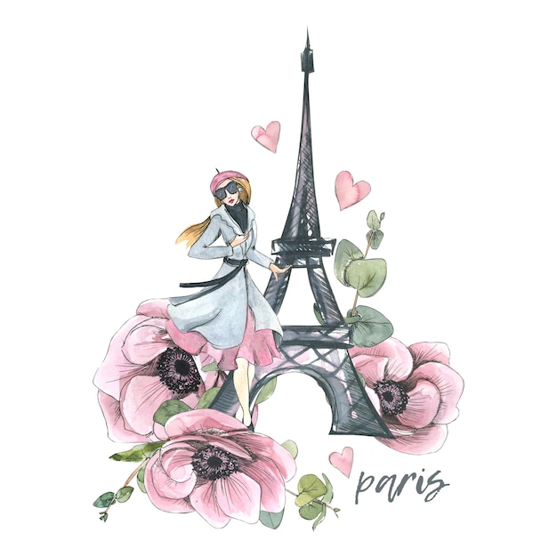 Eiffel Tower with a Parisian girl anemone flowers and eucalyptus twigs Watercolor illustration in sketch style with graphic elements Composition from a large set of PARIS For decoration design