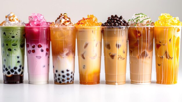 Photo eight bubble tea drinks with various toppings and ice arranged in a row on a white background