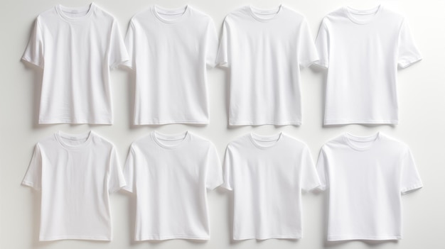 Eight cotton white tshirts template hung in organized arrangement ai generated