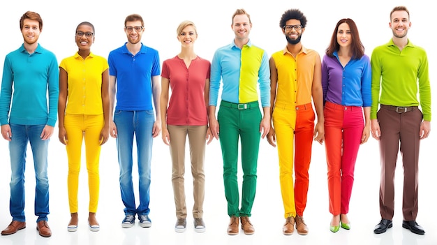 Photo eight diverse individuals dressed in various colorful outfits stand in a row against a white background