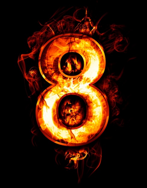 eight, illustration of  number with chrome effects and red fire on black background