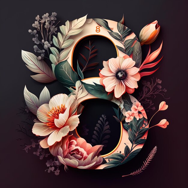 Eight of march template with glossy number eight with abstract flowers on dark background International women day symbol