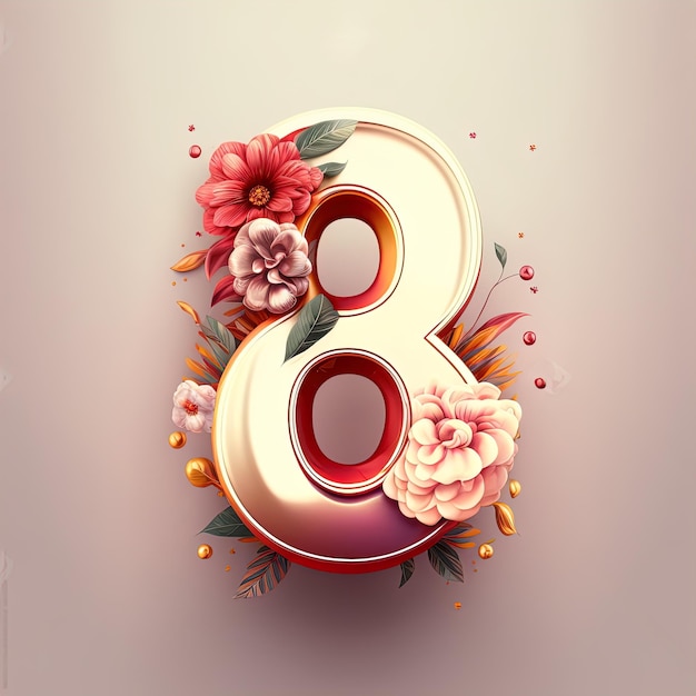 Eight of march template with glossy number eight with abstract flowers leaves and florals on pink background