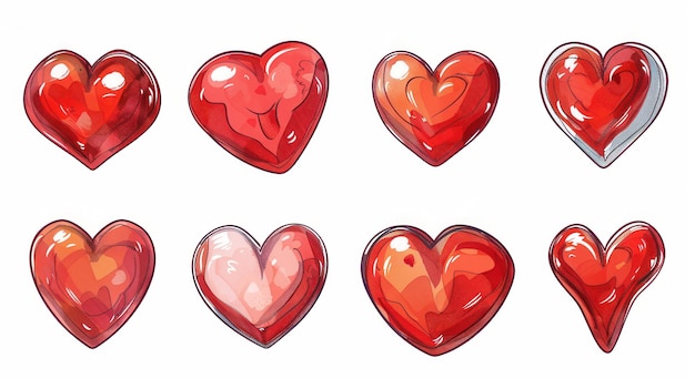 Eight red hearts in various styles and poses all drawn with a bright glossy finish Generative AI