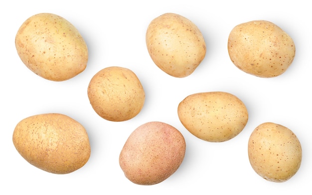 Eight whole potatoes on a white isolated background