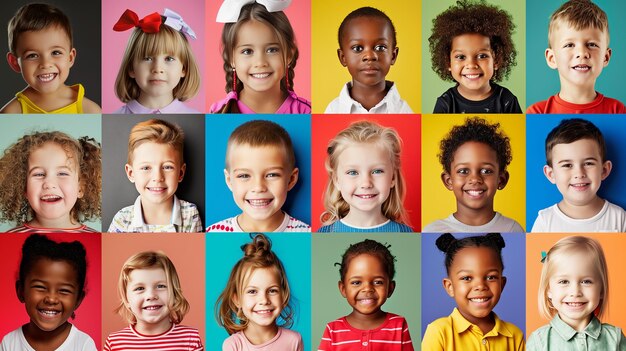 Photo eighteen childrens portraits of kindergarten boys and sixyearold girls of different nationalities and races on multicolored backgrounds