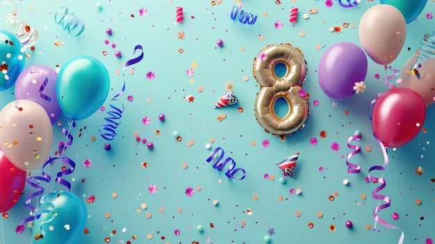 eighth birthday party celebration with vibrant balloons and confetti on turquoise background