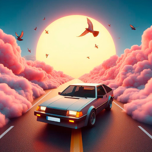 Eighties car on the pink cloud route of dreams