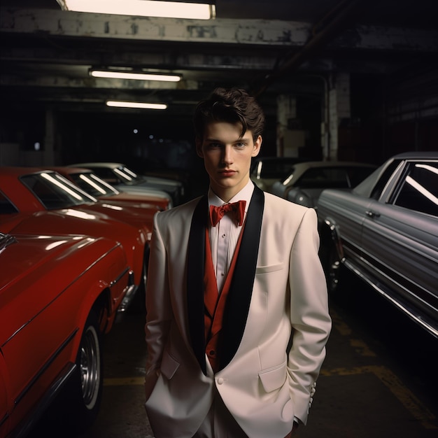 the eighties young man wearing prom tuxedo standing in the underground garage with cars