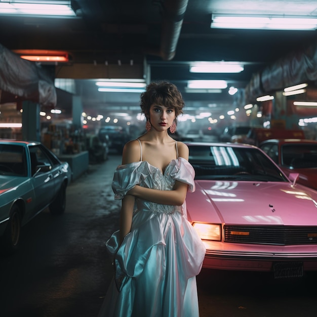 the eighties young woman wearing prom dress standing in the underground garage with cars vintage