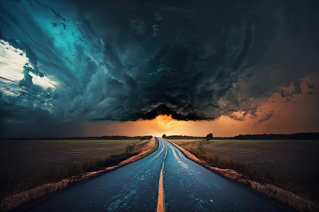 During either sunset or sunrise a stormy dark gloomy sky can be seen over a field