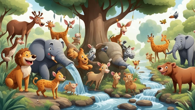 Photo ek cartoon style cute animal in forest illustration image