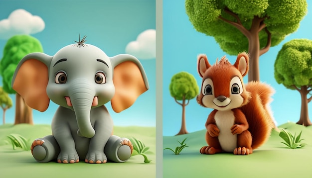 Photo ek cartoon style cute animal in forest illustration image